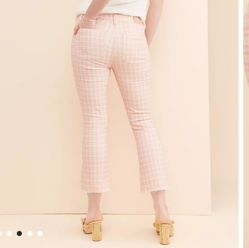 NWOT PAIGE Collette Cropped plaid raw hem fray jeans flared blush